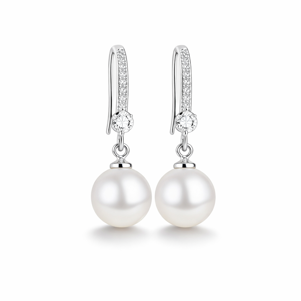 Polished Zircon and Pearl Drop White Gold Earrings