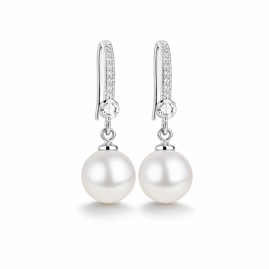 Pendientes Colgantes de Circonita y Perla Pulidos | Oro Blanco