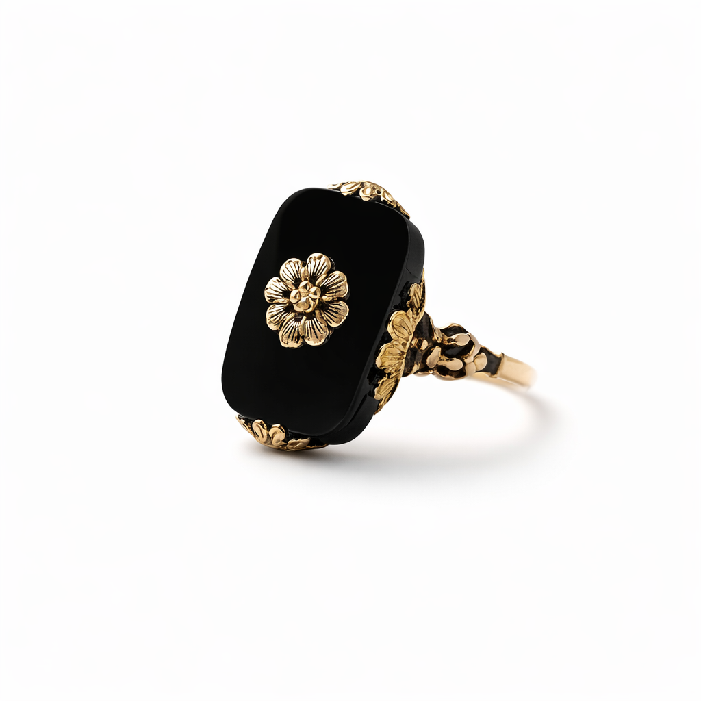 Vintage Style Black Stone Yellow Gold Ring