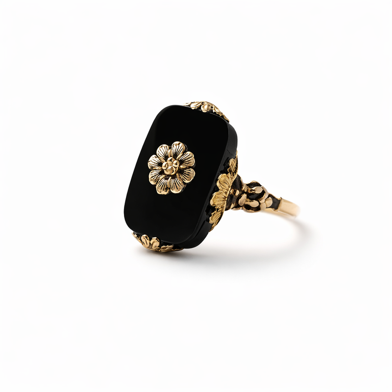 Vintage Style Black Stone Yellow Gold Ring