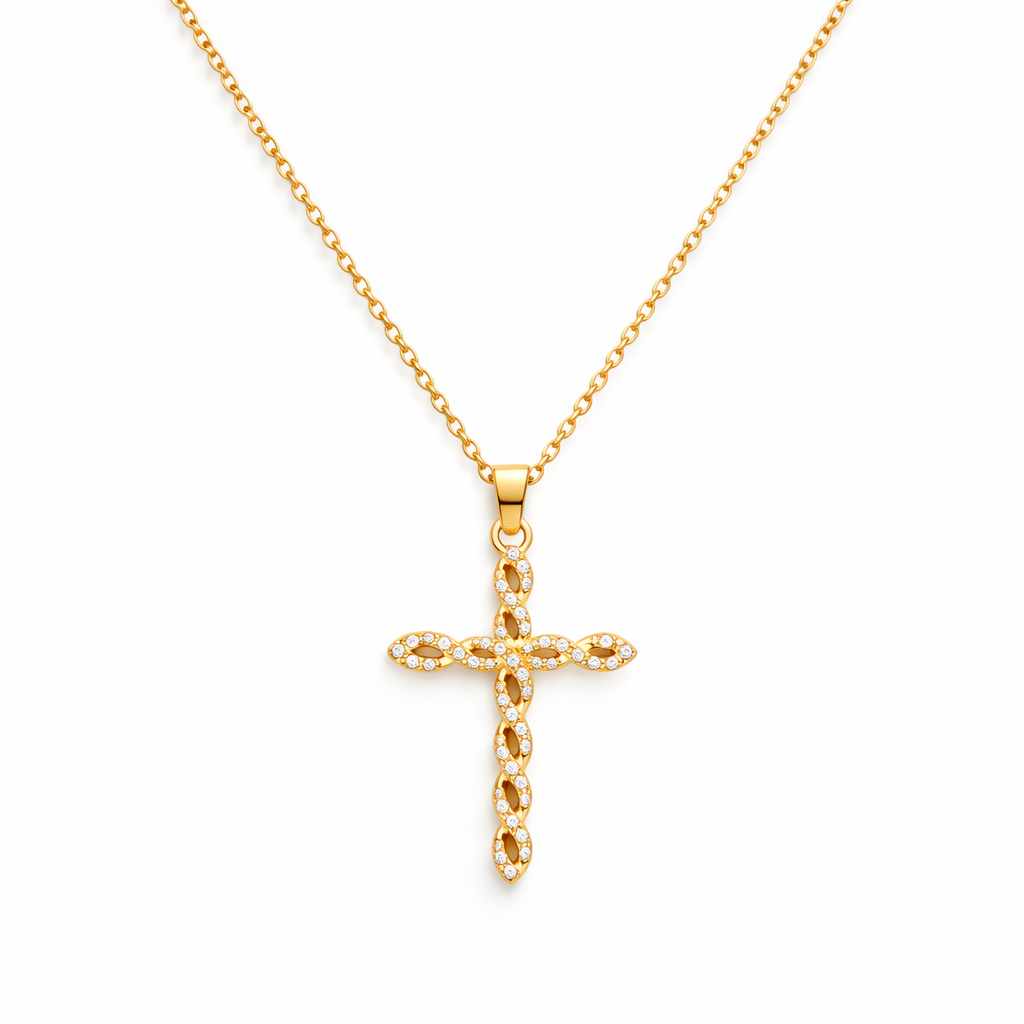 Twisted Crystal Cross Yellow Gold Necklace