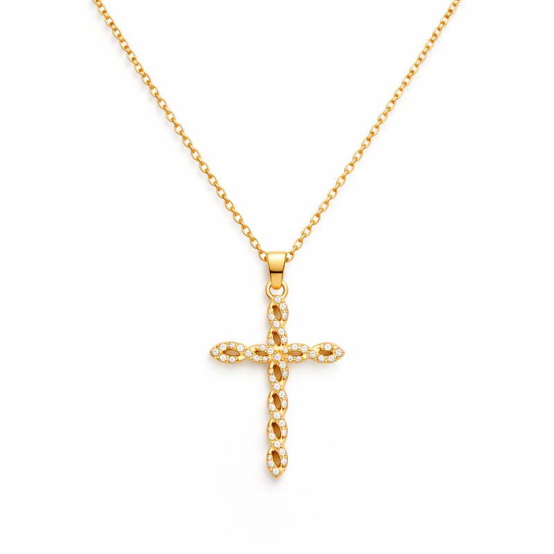Twisted Crystal Cross Yellow Gold Necklace