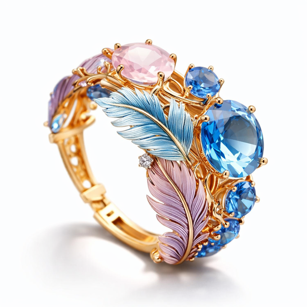 Antique Exotic Feather Crystal Yellow Gold Ring