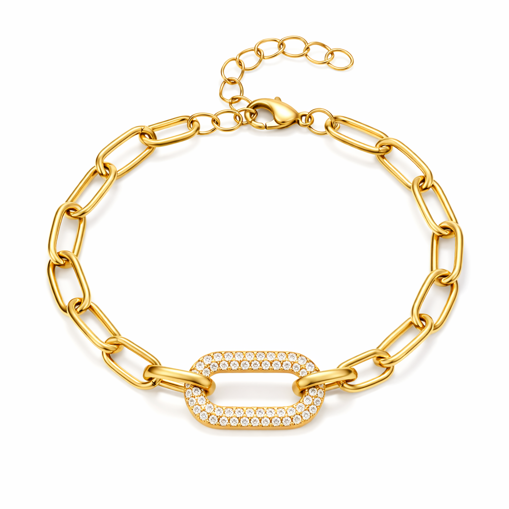 Pave Thick Link Chain Yellow Gold Jewellery Set
