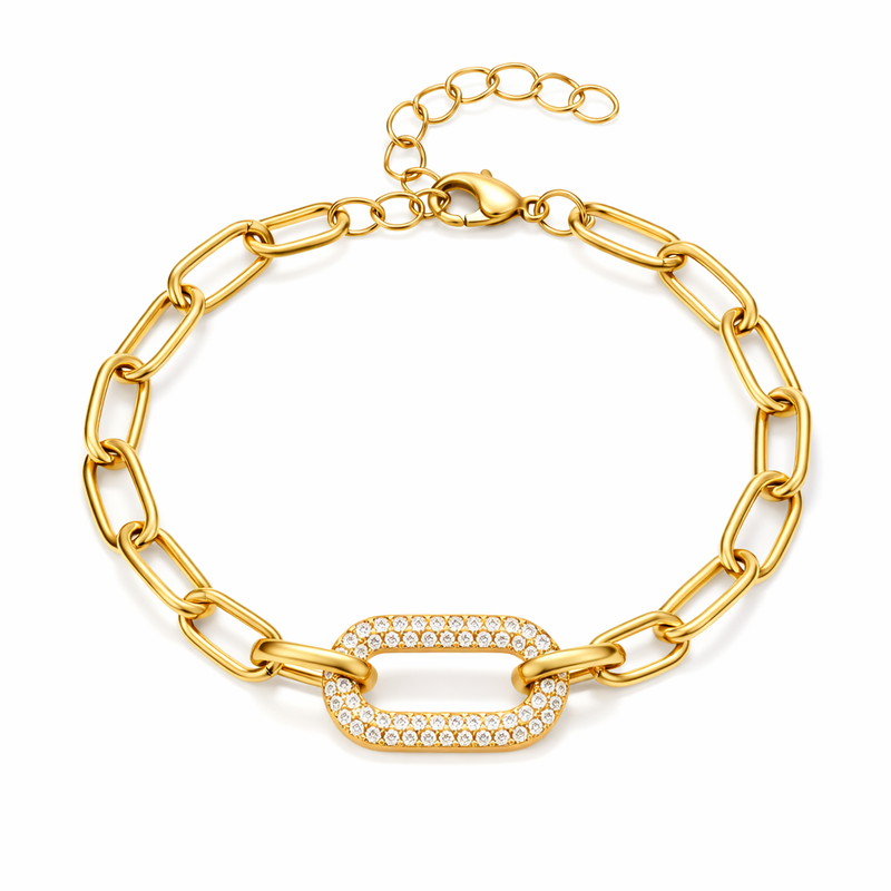 Pave Thick Link Chain Yellow Gold Jewellery Set