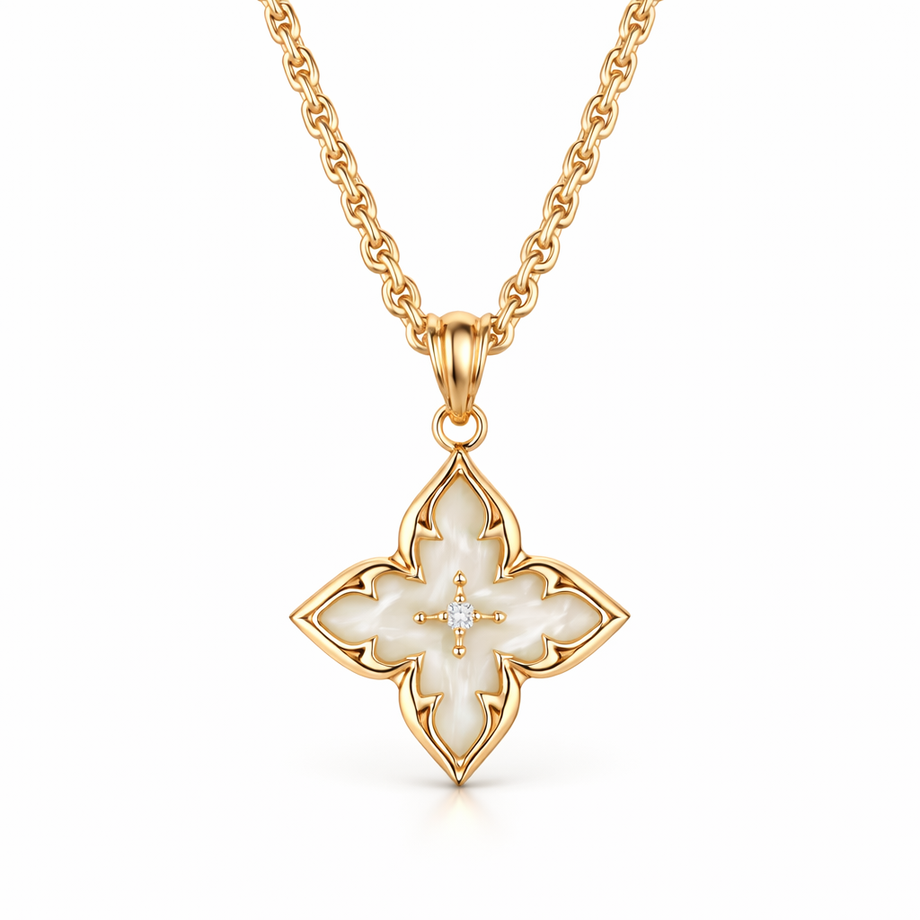 White Four Leaf Clover Pendant Yellow Gold Necklace