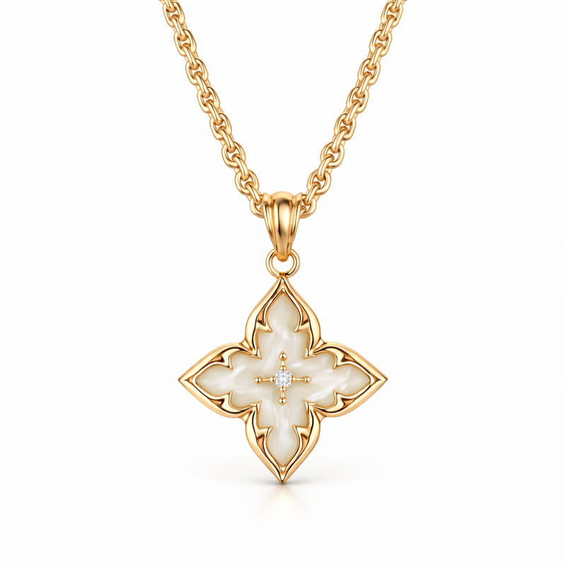 White Four Leaf Clover Pendant Yellow Gold Necklace