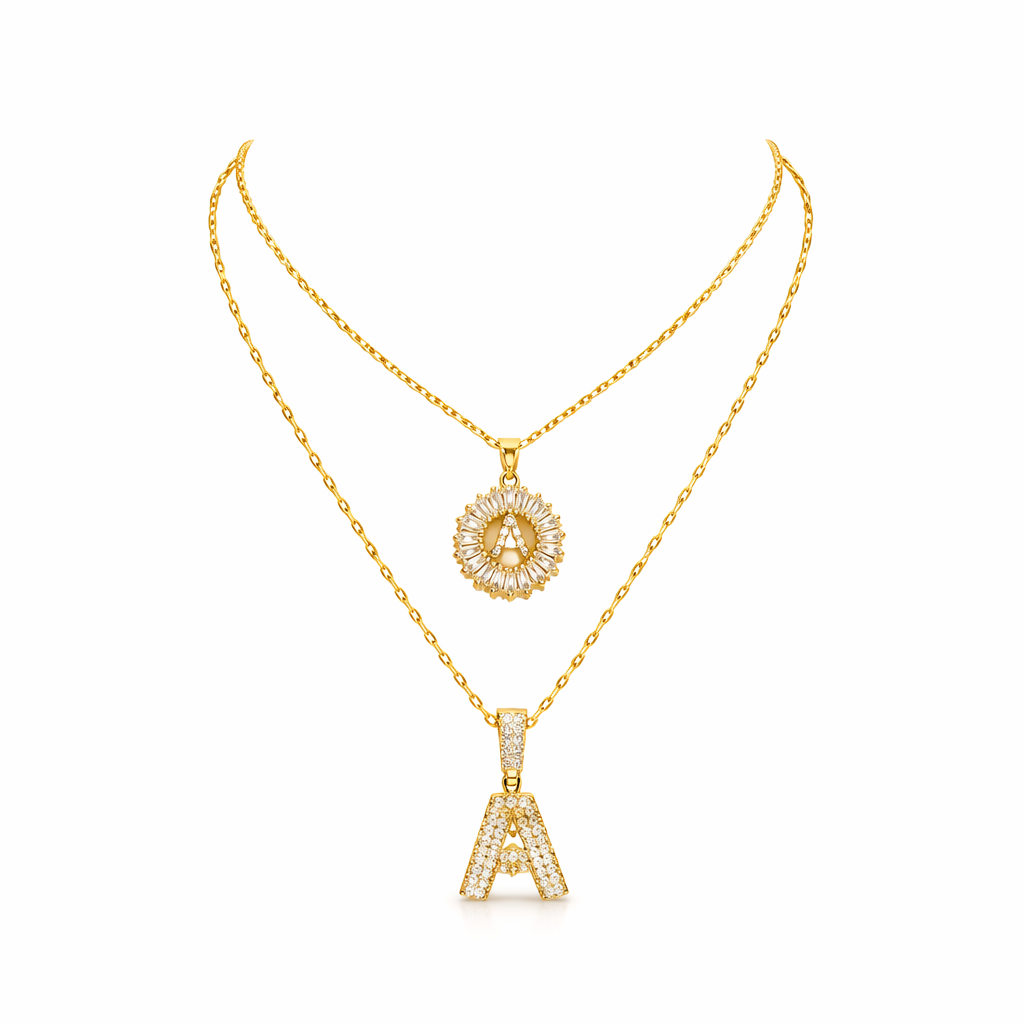 Pave Initial Yellow Gold Necklace Set