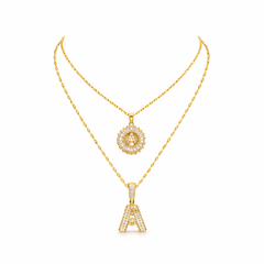 Pave Initial Yellow Gold Necklace Set