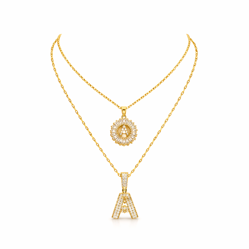 Pave Initial Yellow Gold Necklace Set