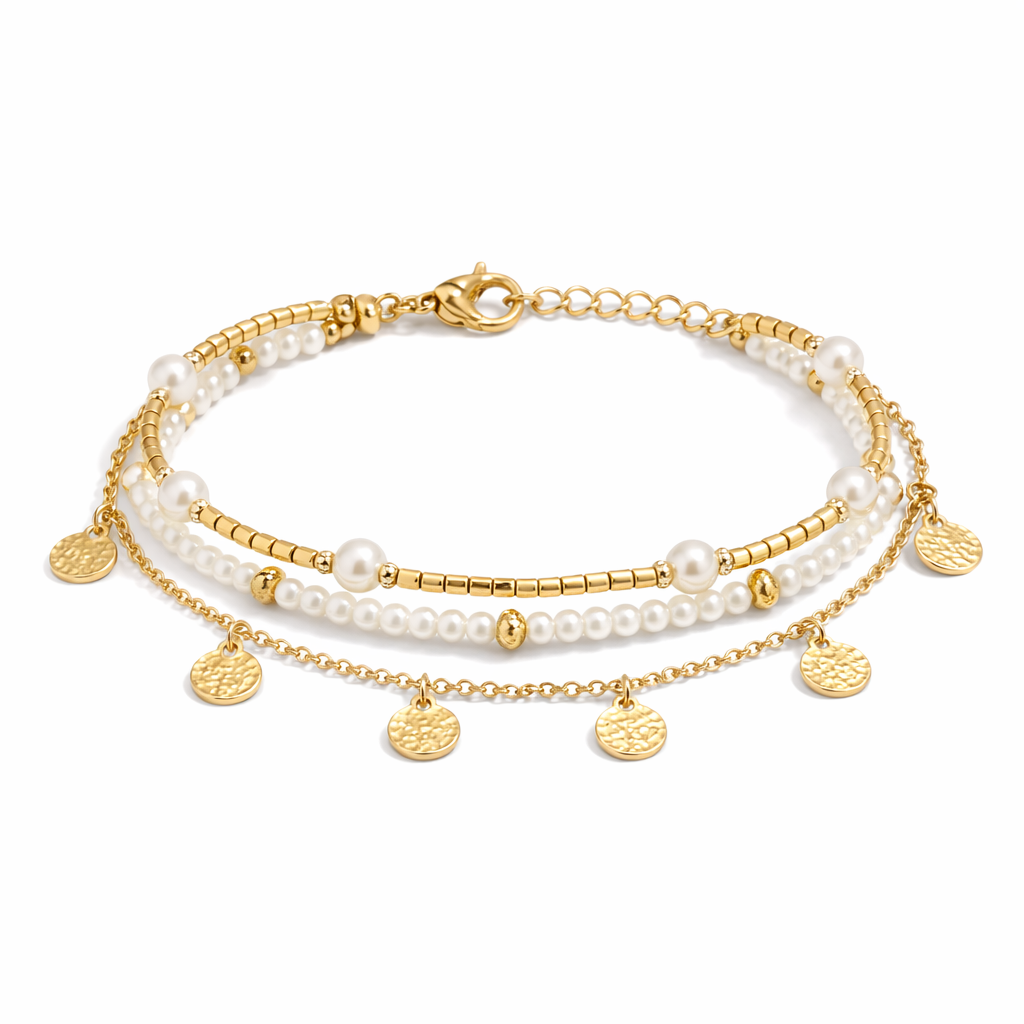 Coastal Charm 3 Piece Layered Yellow Gold Anklet Set