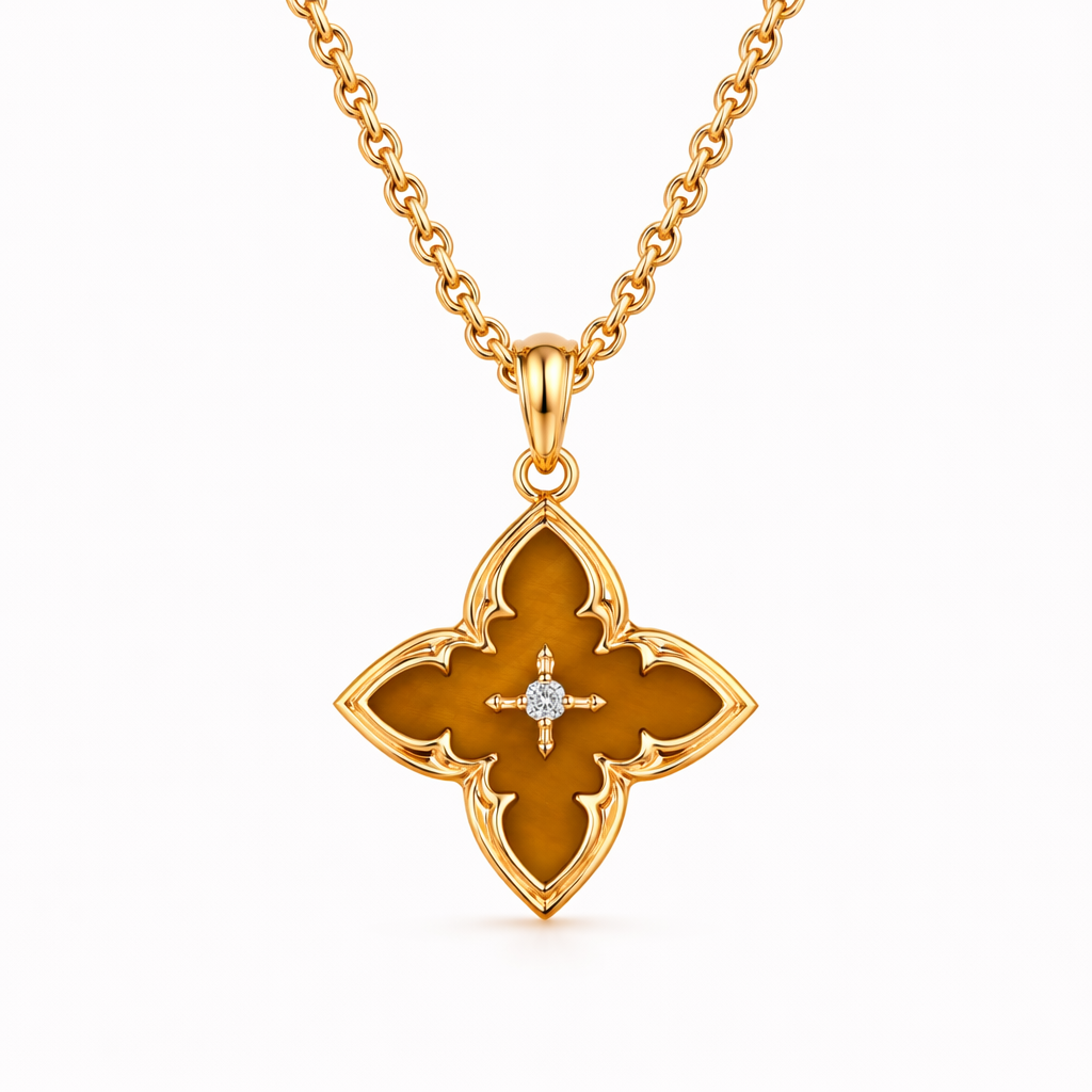 Brown Four Leaf Clover Pendant Yellow Gold Necklace