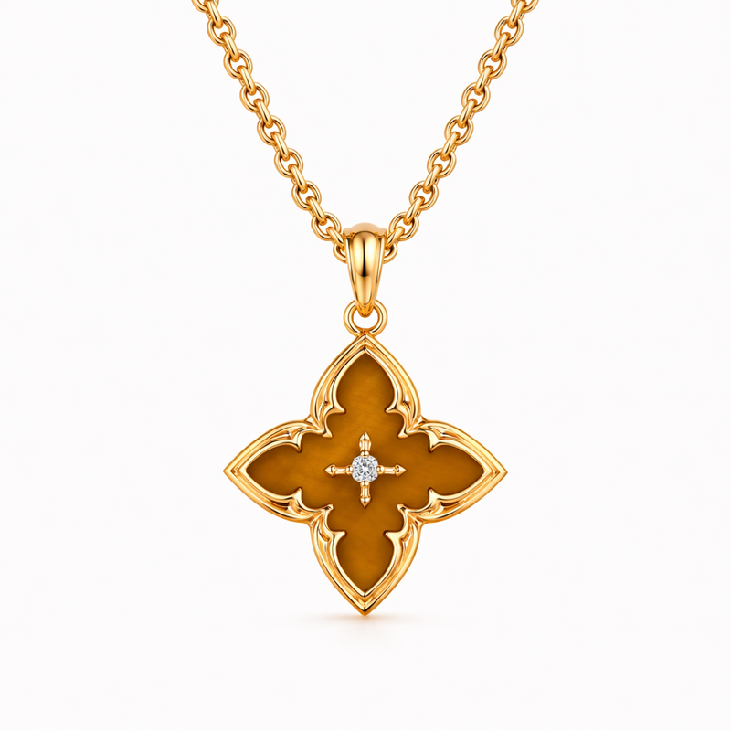 Brown Four Leaf Clover Pendant Yellow Gold Necklace