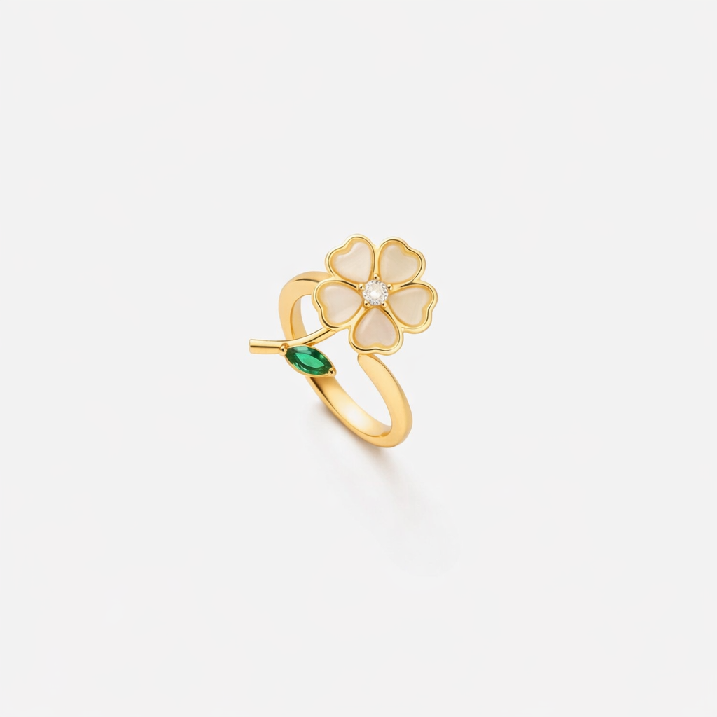 Emerald Flower and Leaf Spinner Yellow Gold Ring