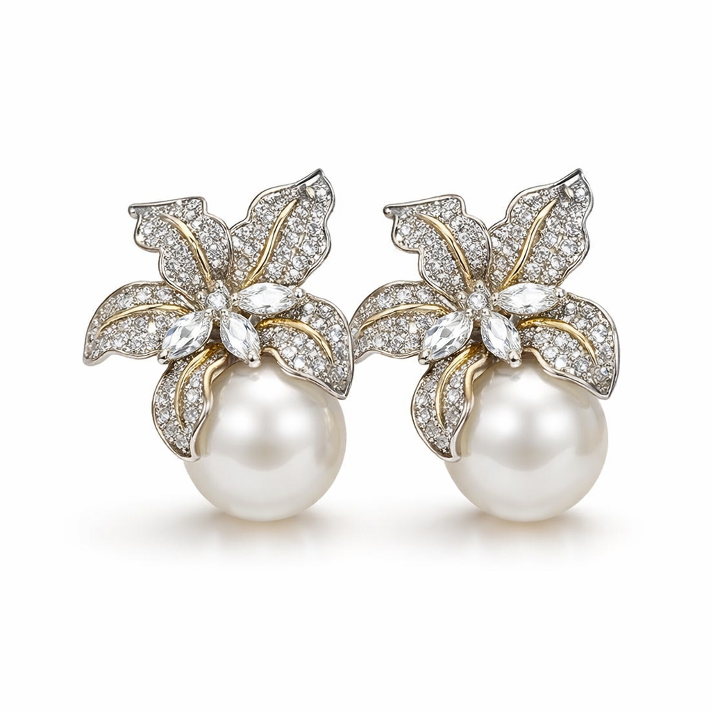 Exquisite Flower and Pearl White Gold Earrings
