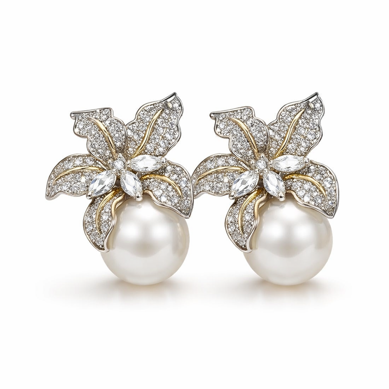 Exquisite Flower and Pearl White Gold Earrings