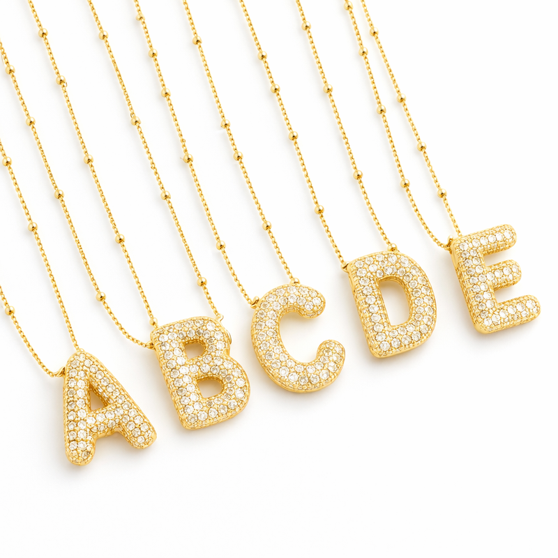 Bubble Initial Yellow Gold Necklace Set