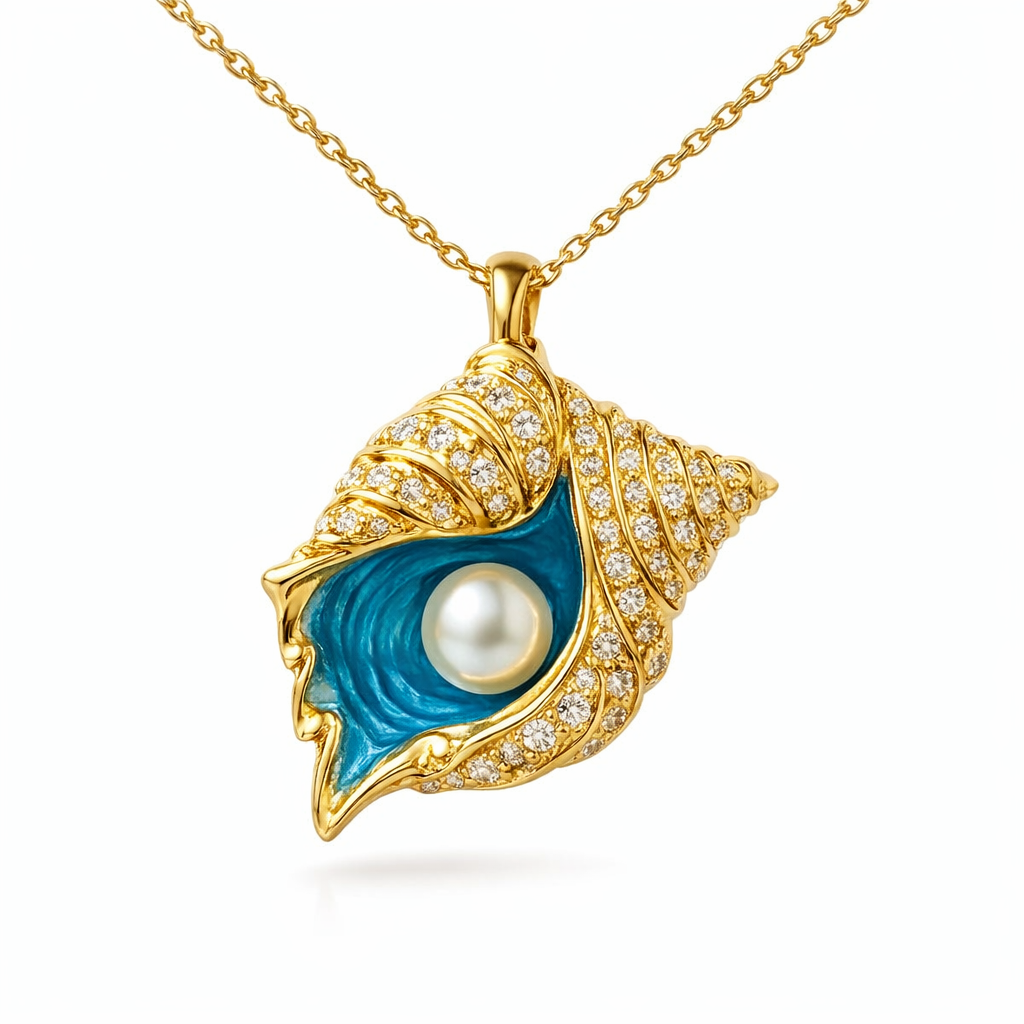 Radiant Pearl and Shell Yellow Gold Necklace