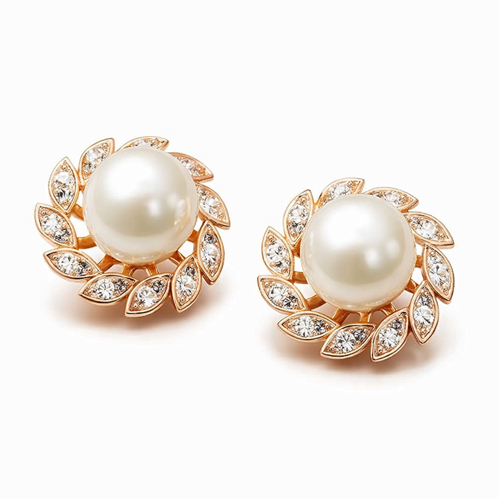 Exquisite Brilliant Pearl and Leaf Yellow Gold Earrings