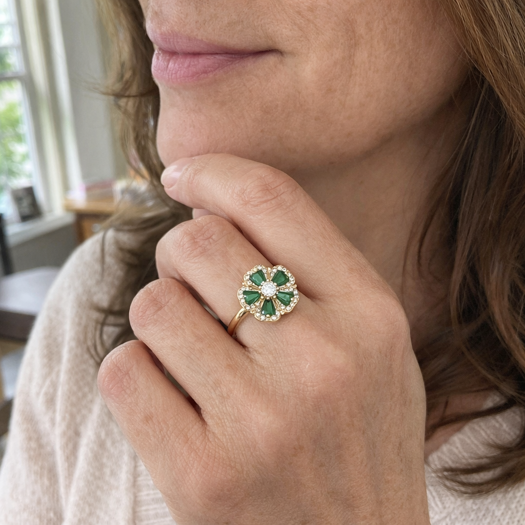 Emerald Four Leaf Clover Spinner Yellow Gold Ring