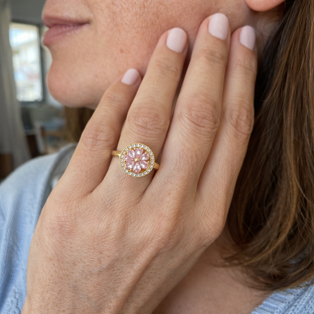 Pink Heart Bloom Spinner Yellow Gold Ring