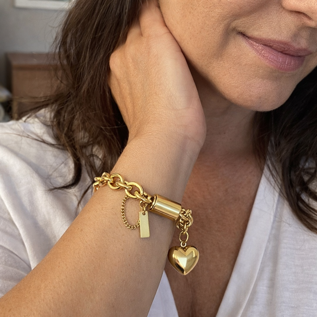 Thick Heart Yellow Gold Bracelet