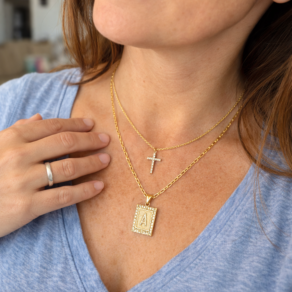Initial and Cross Yellow Gold Necklace Set