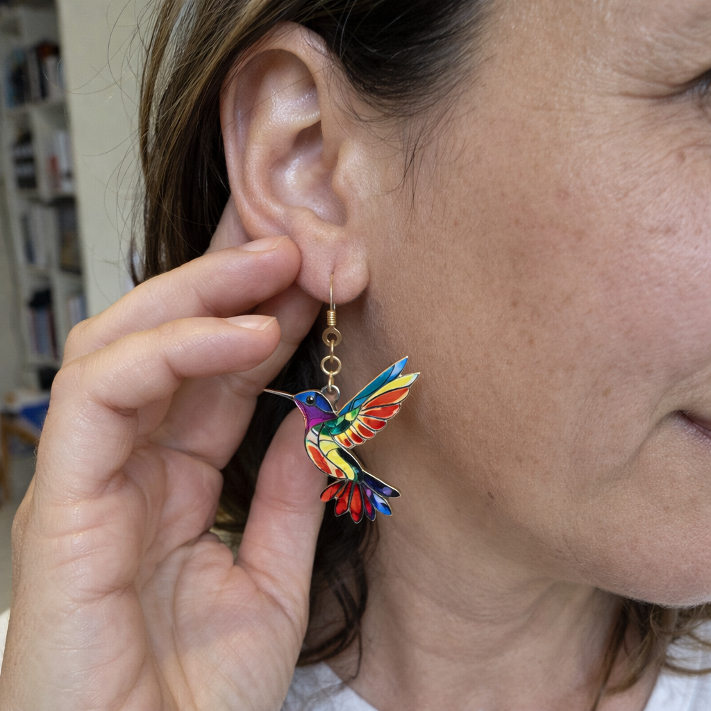 Colourful Hummingbird White Gold Earrings