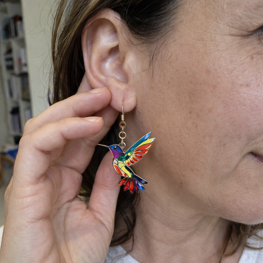 Pendientes Colibrí de Colores | Oro Blanco