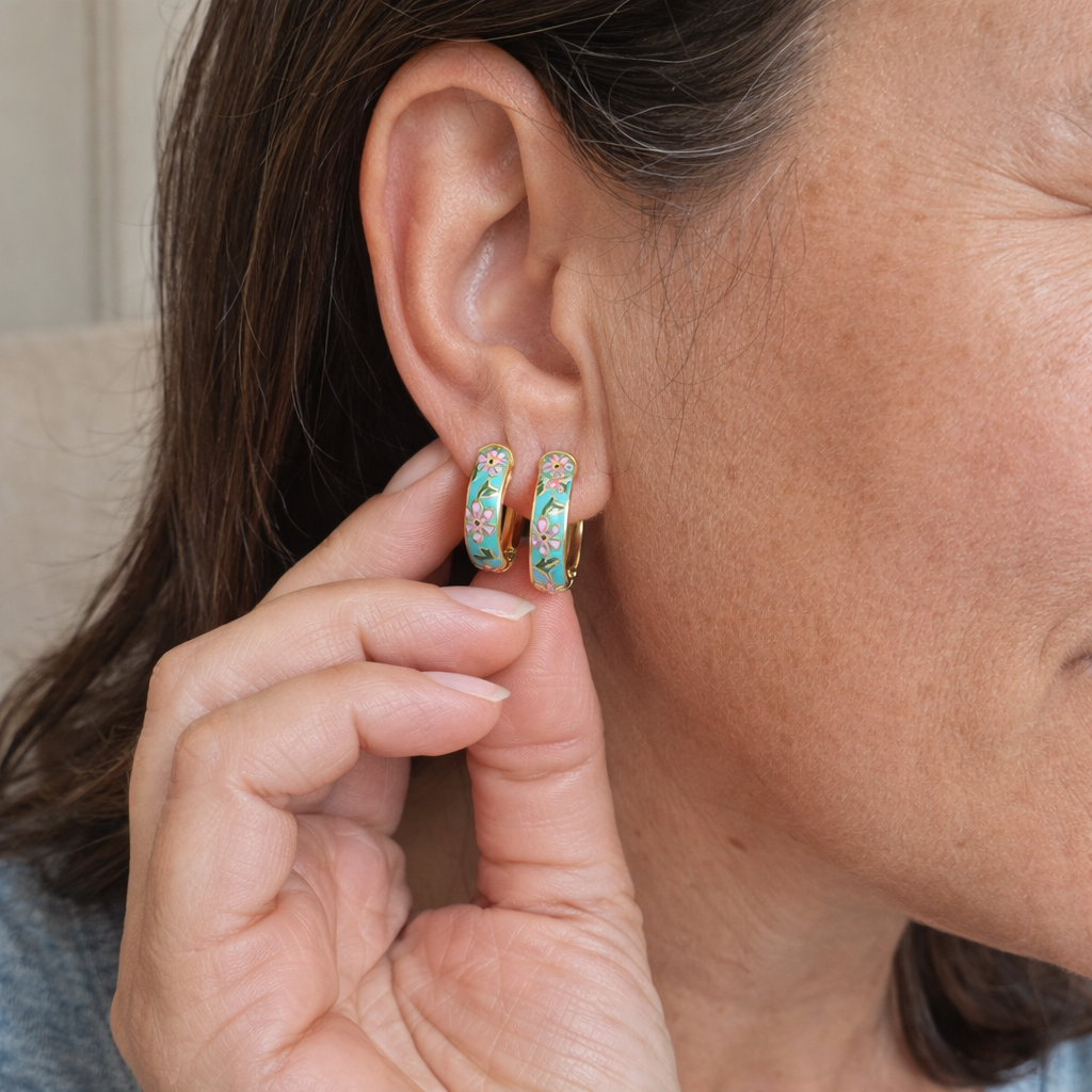 Colourful Floral Hoop Yellow Gold Earrings