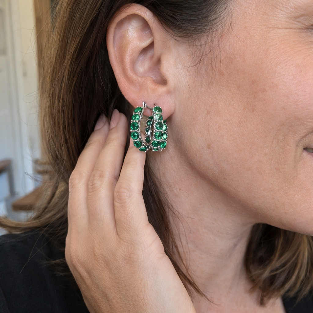 Elena Marlowe Emerald Hoop White Gold Earrings