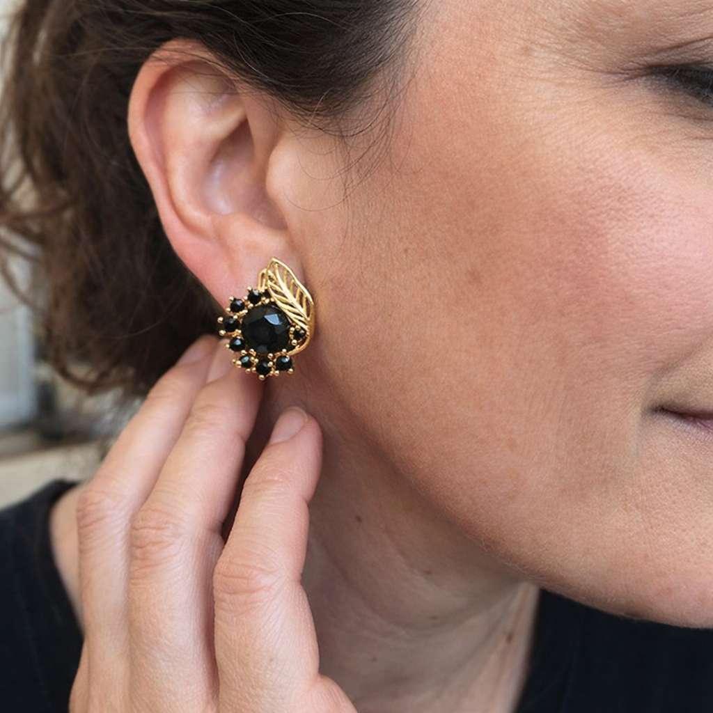 Black Zircon Gilded Yellow Gold Earrings