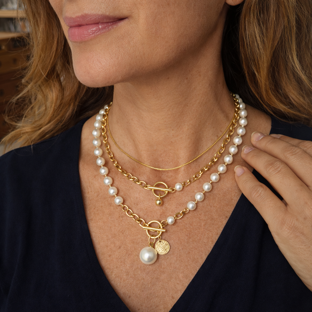 Vintage Style Pearl Snake Chain Yellow Gold Necklace Set