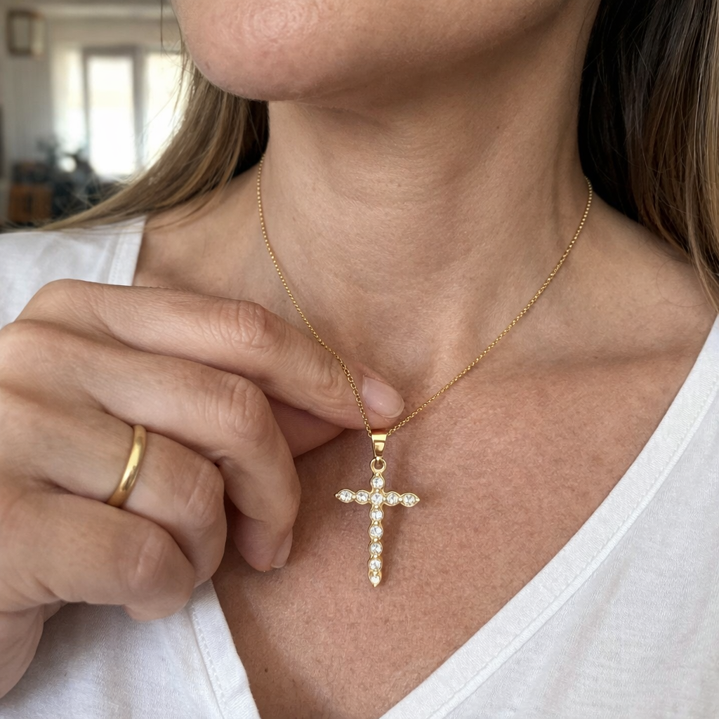 Twisted Crystal Cross Yellow Gold Necklace