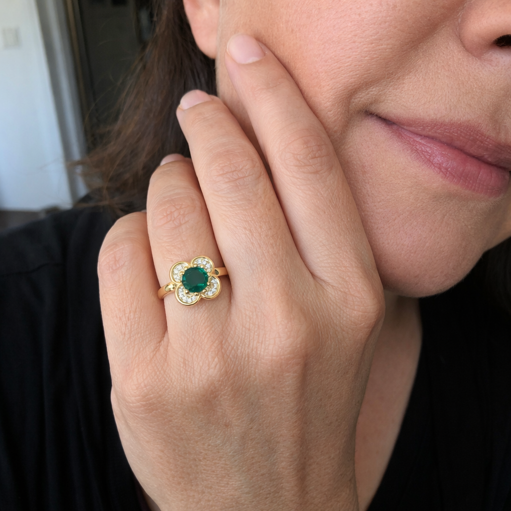 Emerald Four Leaf Clover Halo Spinner Yellow Gold Ring