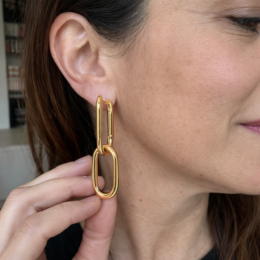 Link Drop Hoop Yellow Gold Earrings