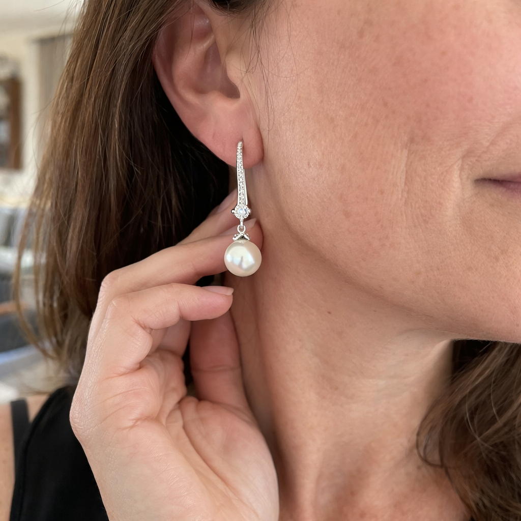 Polished Zircon and Pearl Drop White Gold Earrings
