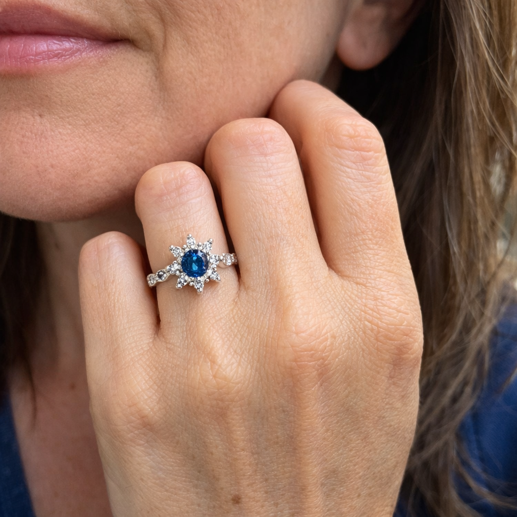Sapphire and Crystal Flower White Gold Ring