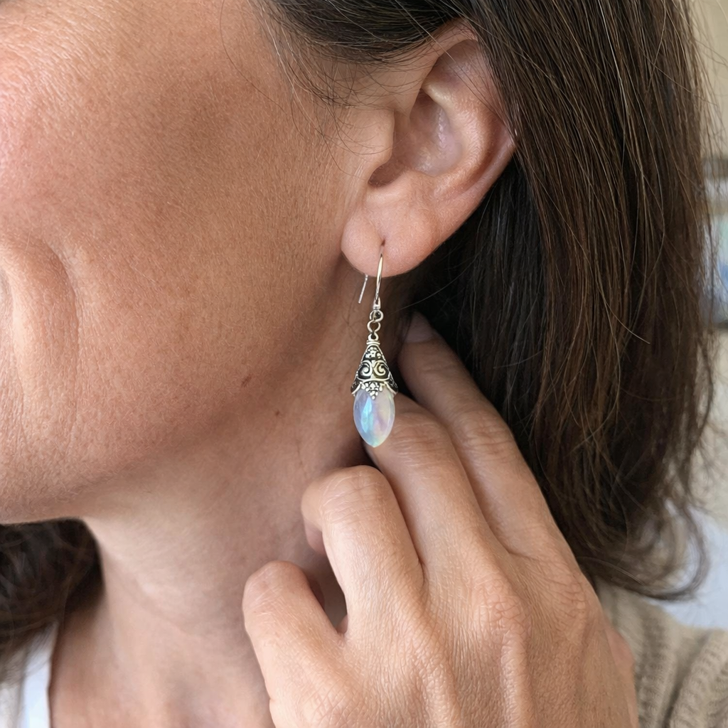 Antique Moonstone Drop White Gold Earrings