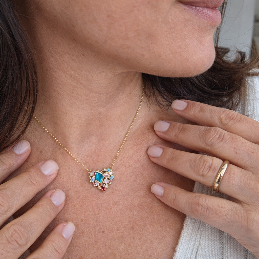 Colourful Sparkle Heart Yellow Gold Necklace