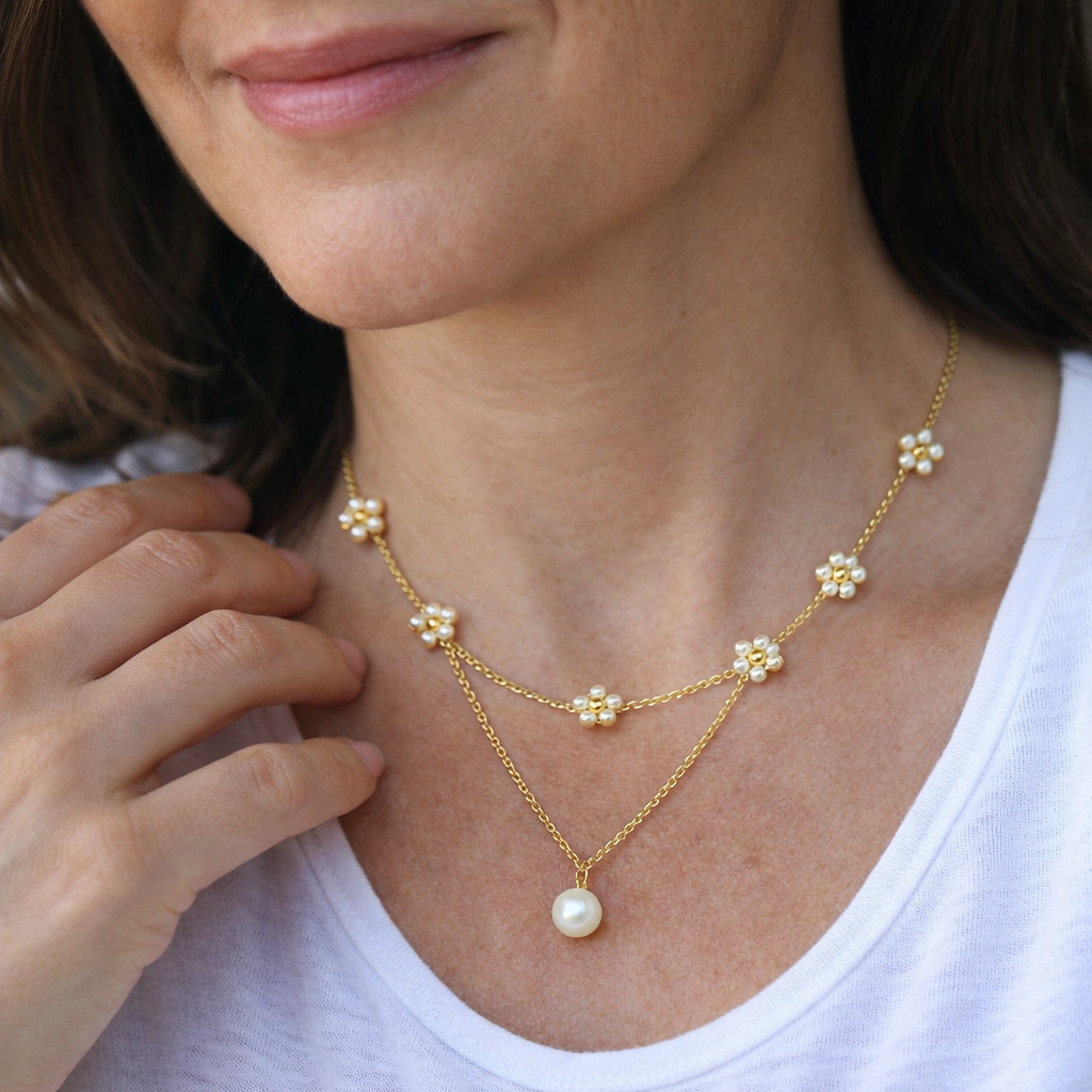 Floral Pearl Layered Yellow Gold Necklace