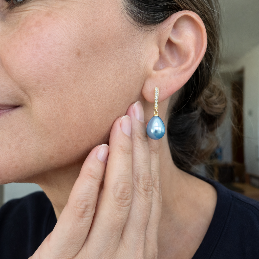 Blue Ocean Dew Yellow Gold Earrings
