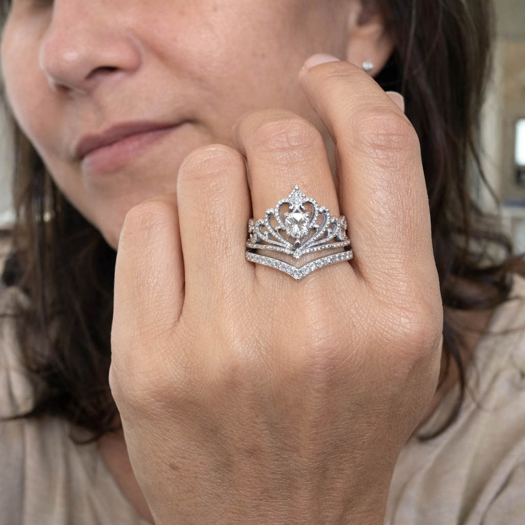 Brilliant Silver Crown White Gold Ring Set