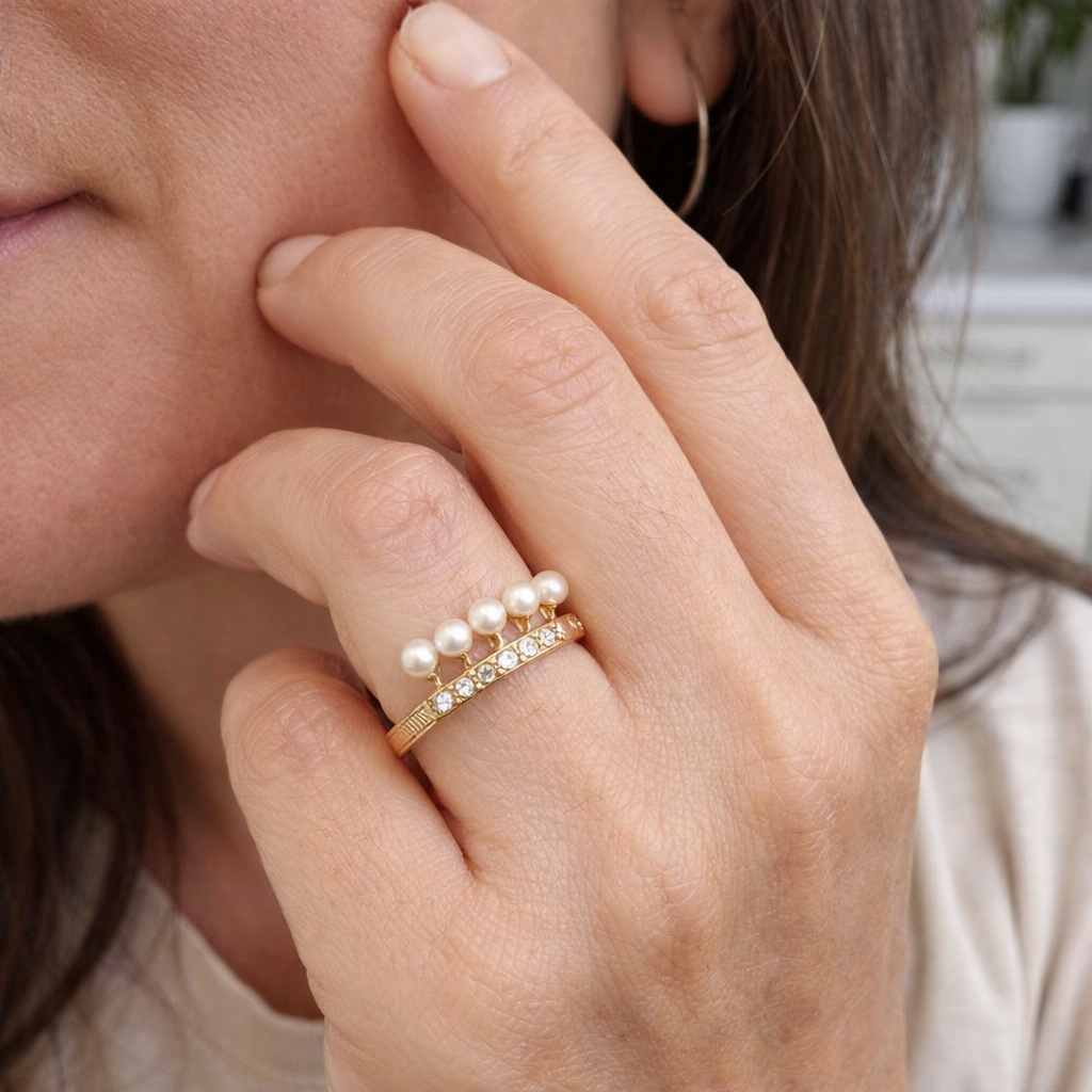 Virelle Open Crystal and Pearl Yellow Gold Ring