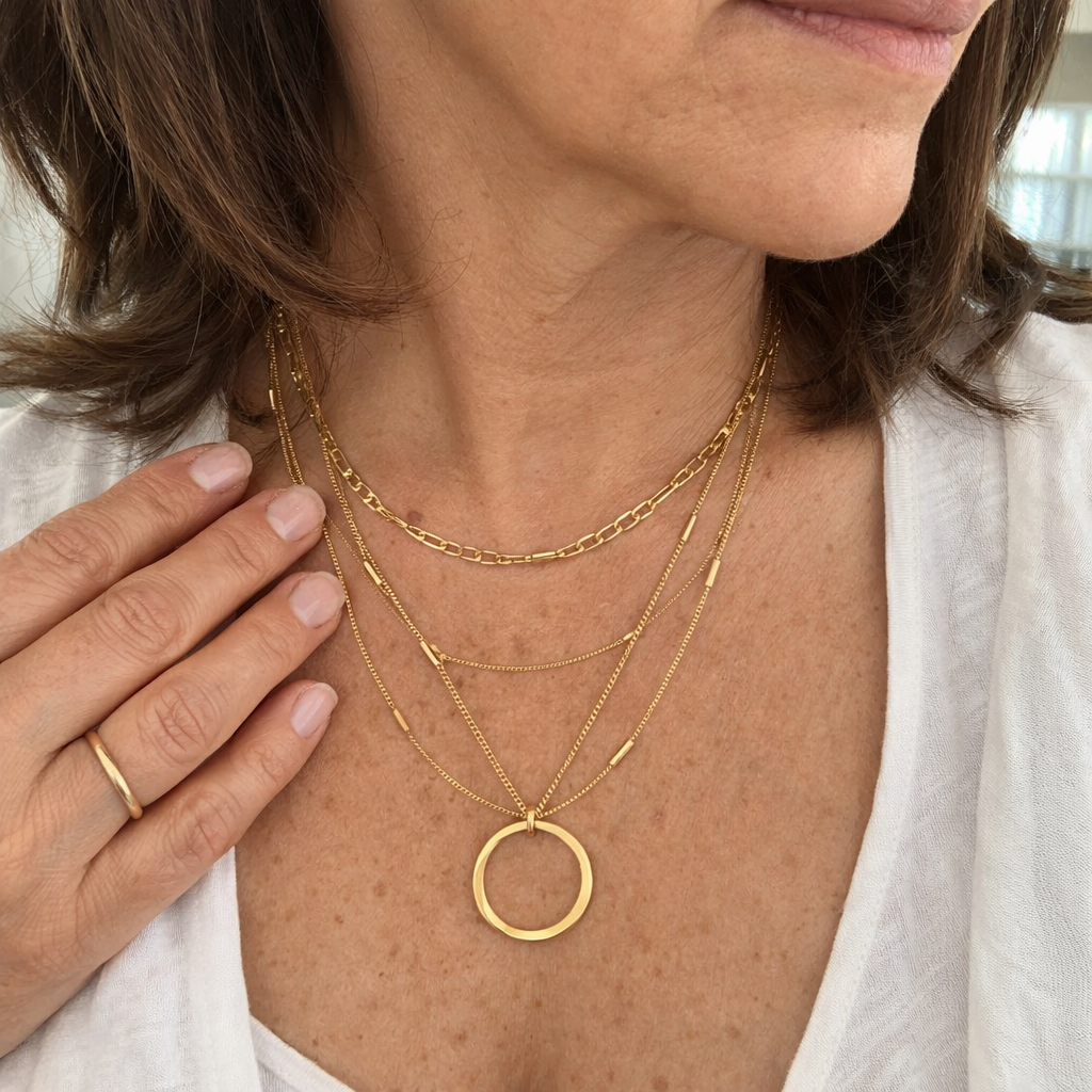 Three Strand Open Circle Yellow Gold Necklace