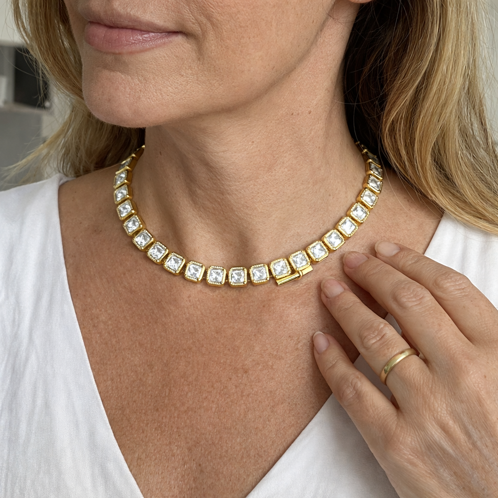 Victoria Square Tennis Yellow Gold Necklace