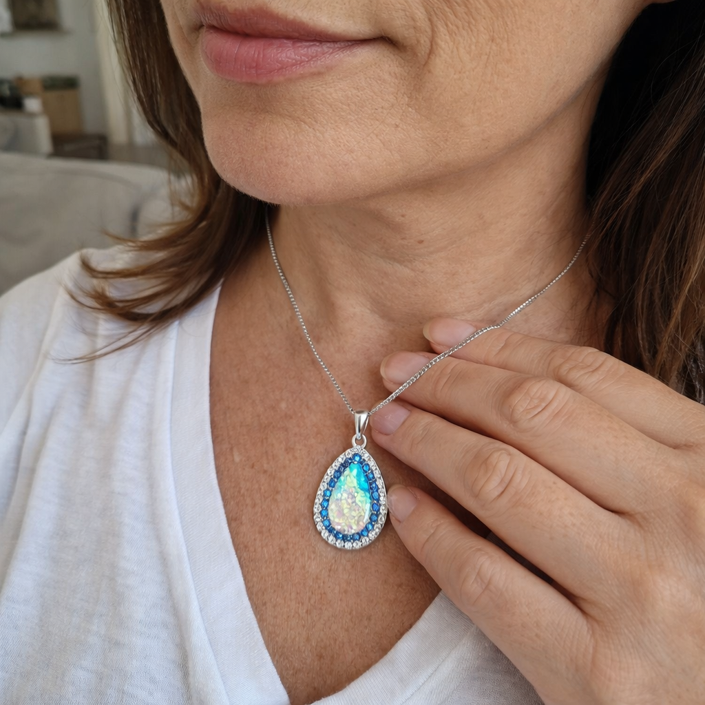 Elegant Brilliant Blue Opal Pendant White Gold Necklace