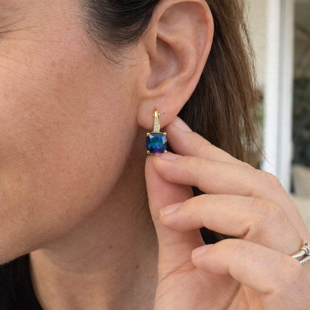 Mystic Stone Hoop Yellow Gold Earrings