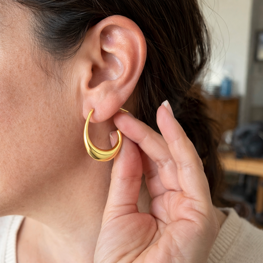 Carved Half Moon Hoop Yellow Gold Earrings