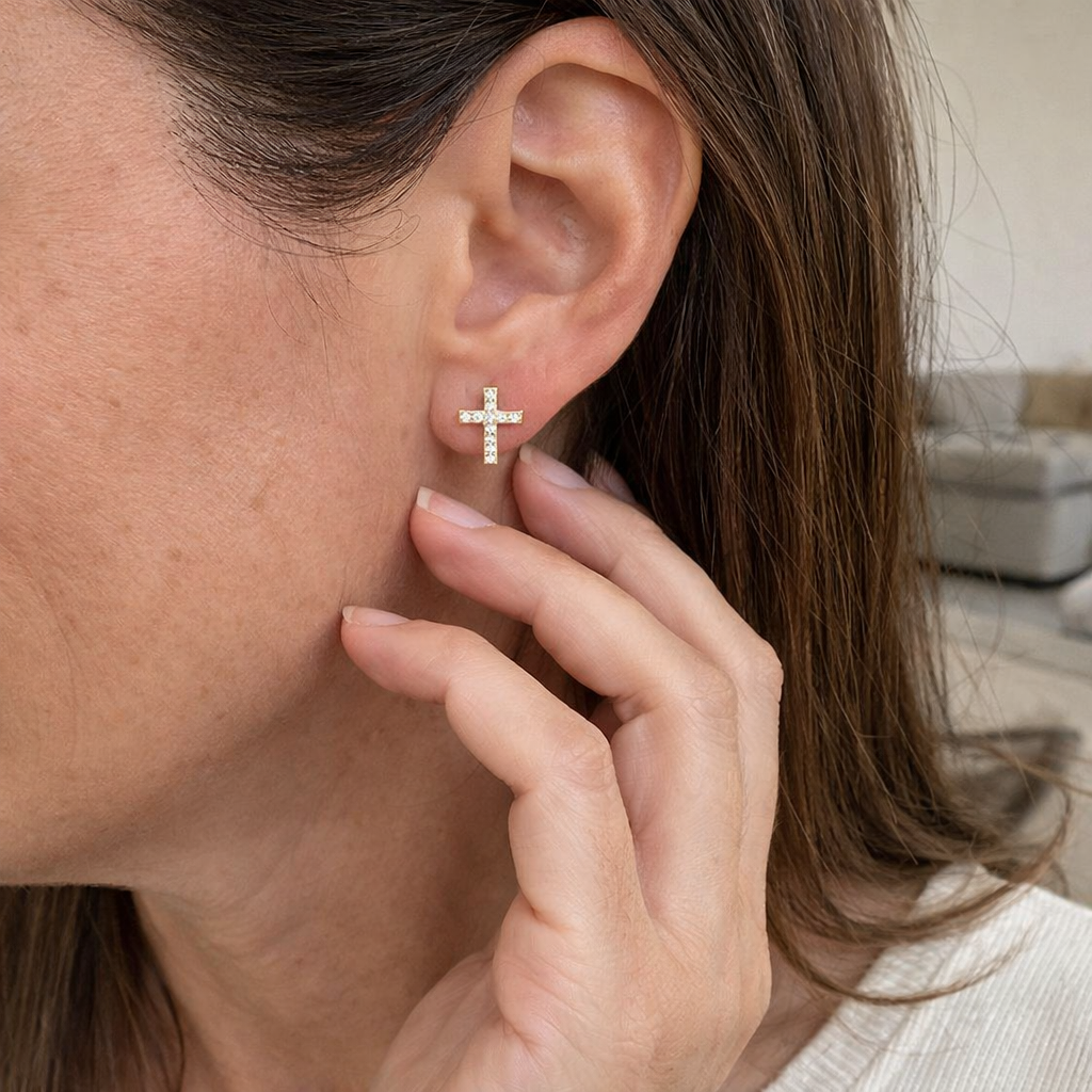 Pave Cross Stud Yellow Gold Earrings